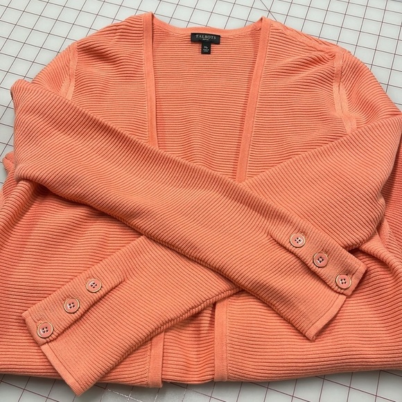 TALBOTS Coral/Peach Cotton Open Front Long Line 3 Button Cuff Knit Cardigan  MP - Picture 10 of 15